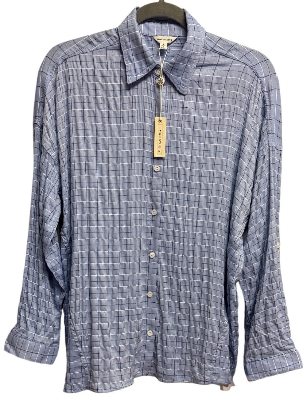 NWT Max Studio Blue Grid Print Crinkle Textured  Relaxed Roll-Tab Blouse Small